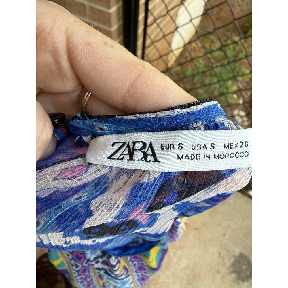 Zara Printed Swing Halter Tribal Print Blue Women’s Beaded Trim Sz S Roomy - Picture 5 of 8